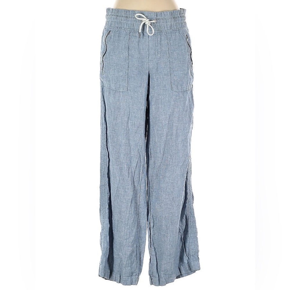 Athleta size 6 women Cabo Linen Wide Leg Straight Pants chambray blue zipper